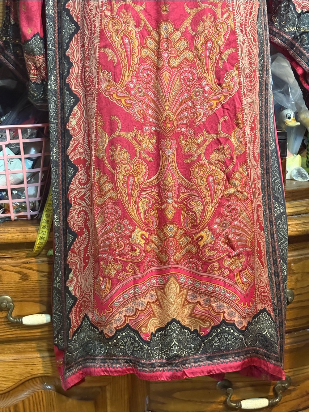 intricately printed red kaftan featuring traditional paisley maxi dress lounge - Picture 4 of 12